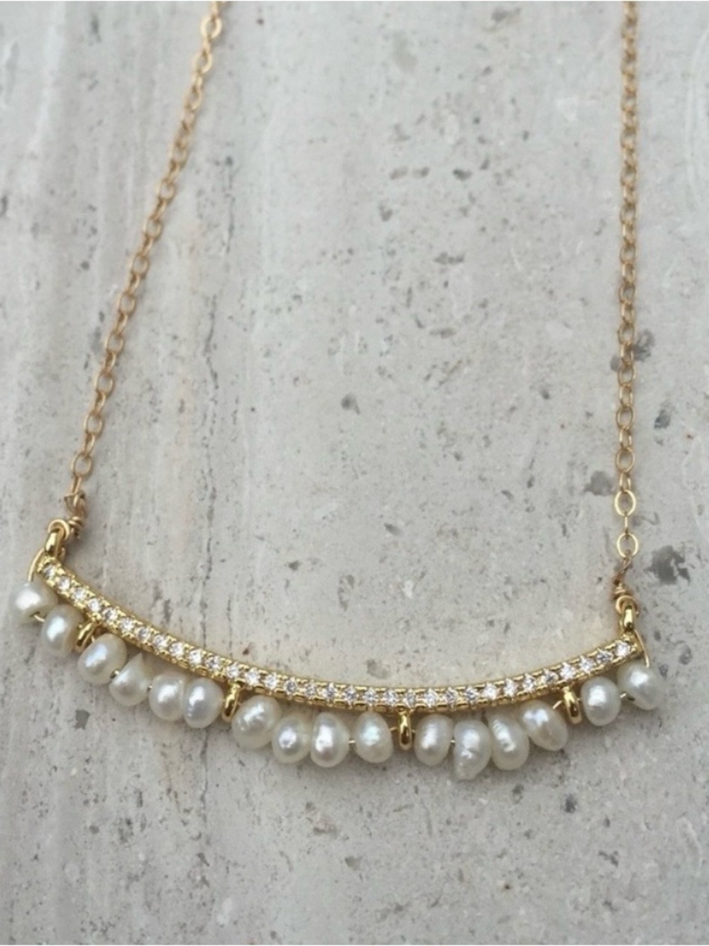 14K Gold over Sterling Silver Pearl Fringe Bar Necklace - Picture 2 of 9